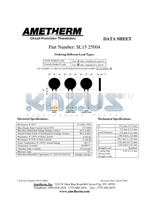 SL1525004-A datasheet - Circuit Protection Thermistors