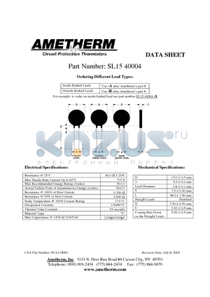 SL1540004-A datasheet - Circuit Protection Thermistors