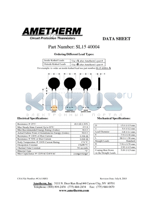 SL1540004-B datasheet - Circuit Protection Thermistors