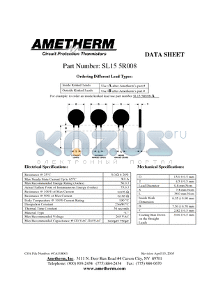 SL155R008 datasheet - Inside Kinked Leads Use -A after Ametherms part # Outside Kinked Leads Use -B after Ametherms part #