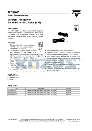 TFBS4650 datasheet - Infrared Transceiver 9.6 kbit/s to 115.2 kbit/s (SIR)