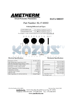 SL1560002 datasheet - Circuit Protection Thermistors