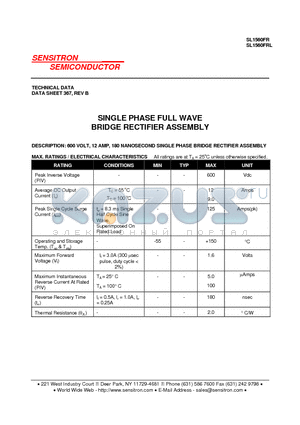 SL1560FR datasheet - SINGLE PHASE FULL WAVE BRIDGE RECTIFIER ASSEMBLY