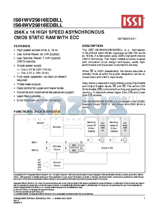 S61WV25616EDBLL datasheet - 256K x 16 HIGH SPEED ASYNCHRONOUS CMOS STATIC RAM WITH ECC