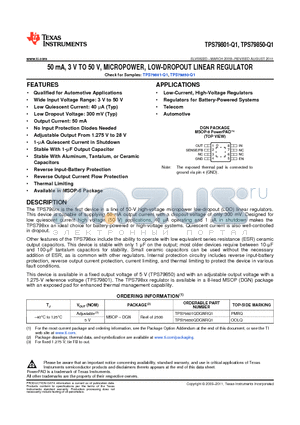 TPS79801QDGNRQ1 datasheet - 50 mA, 3 V TO 50 V, MICROPOWER, LOW-DROPOUT LINEAR REGULATOR