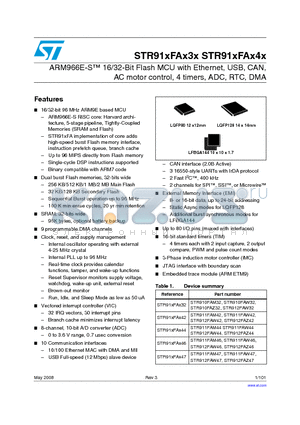 STR910FAW32 datasheet - ARM966E-S 16/32-Bit Flash MCU with Ethernet, USB, CAN, AC motor control, 4 timers, ADC, RTC, DMA