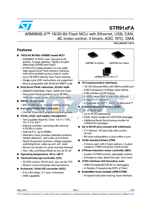 STR910FAW32X6 datasheet - ARM966E-S 16/32-Bit Flash MCU with Ethernet, USB, CAN, AC motor control, 4 timers, ADC, RTC, DMA