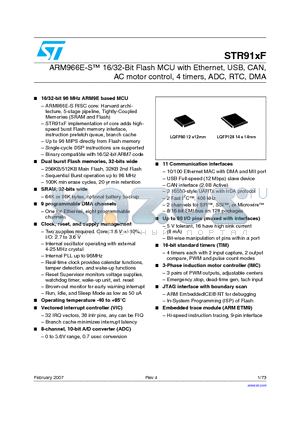 STR910FM44X6T datasheet - ARM966E-S TM 16/32-Bit Flash MCU with Ethernet, USB, CAN, AC motor control, 4 timers, ADC, RTC, DMA