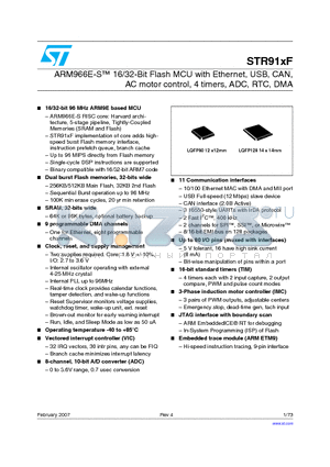 STR910FW42X6T datasheet - ARM966E-S TM 16/32-Bit Flash MCU with Ethernet, USB, CAN, AC motor control, 4 timers, ADC, RTC, DMA