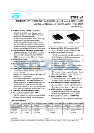 STR910FW44X6T datasheet - ARM966E-S 16/32-Bit Flash MCU with Ethernet, USB, CAN, AC Motor Control, 4 Timers, ADC, RTC, DMA