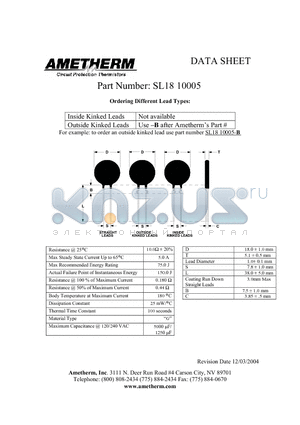 SL1810005-B datasheet - Circuit Protection Thermistors