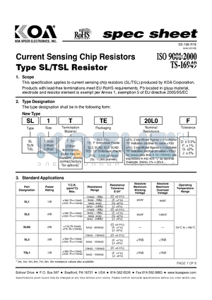 SL1TTE20L0G datasheet - Current Sensing Chip Resistors