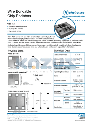 WBC-B0202GS-01-1002-B datasheet - Wire Bondable Chip Resistors