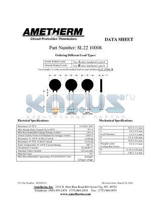 SL2210008-A datasheet - Circuit Protection Thermistors