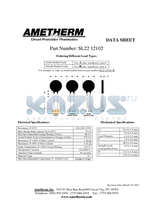 SL2212102-B datasheet - Circuit Protection Thermistors