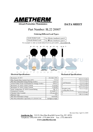 SL2220007 datasheet - Inside Kinked Leads Use -A after Ametherms part # Outside Kinked Leads Use -B after Ametherms part #