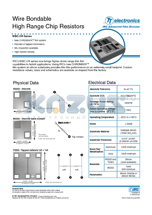 WBC-R0202CRGG-01-2004-KF datasheet - Wire Bondable High Range Chip Resistors