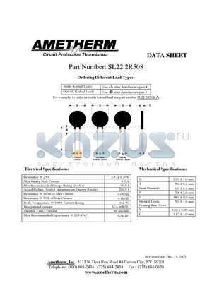 SL222R508 datasheet - Inside Kinked Leads Use -A after Ametherms part # Outside Kinked Leads Use -B after Ametherms part #