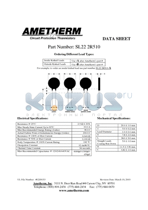 SL222R510 datasheet - Inside Kinked Leads Use -A after Ametherms part # Outside Kinked Leads Use -B after Ametherms part #