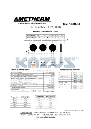 SL2230004 datasheet - Inside Kinked Leads Use -A after Ametherms part # Outside Kinked Leads Use -B after Ametherms part #