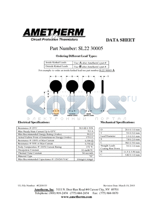 SL2230005 datasheet - Inside Kinked Leads Use -A after Ametherms part # Outside Kinked Leads Use -B after Ametherms part #