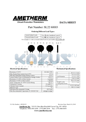 SL2260003 datasheet - Inside Kinked Leads Use -A after Ametherms part # Outside Kinked Leads Use -B after Ametherms part #