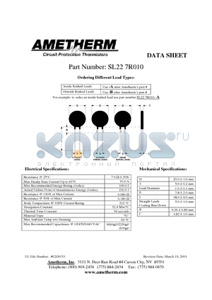 SL227R010 datasheet - Inside Kinked Leads Use -A after Ametherms part # Outside Kinked Leads Use -B after Ametherms part #