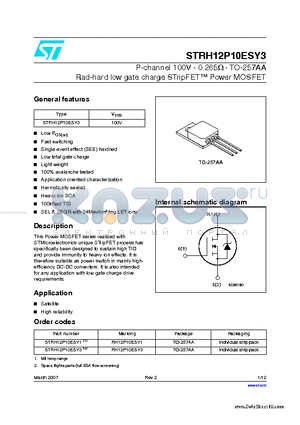 STRH12P10ESY1 datasheet - P-channel 100V - 0.265Y - TO-257AA Rad-hard low gate charge STripFET Power MOSFET