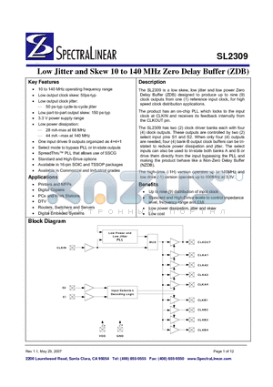 SL2309 datasheet - Low Jitter and Skew 10 to 140 MHz Zero Delay Buffer (ZDB)