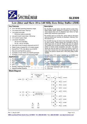SL2309ZI-1 datasheet - Low Jitter and Skew 10 to 140 MHz Zero Delay Buffer (ZDB)