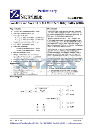 SL23EP04 datasheet - Low Jitter and Skew 10 to 220 MHz Zero Delay Buffer(ZDB)