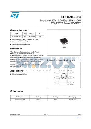 STS15N4LLF3 datasheet - N-channel 40V - 0.0042ohm - 15A - SO-8 STripFET TM Power MOSFET