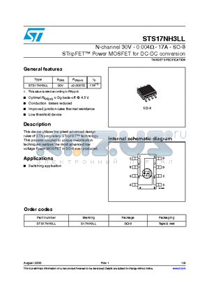 STS17NH3LL datasheet - N-channel 30V - 0.004OHM - 17A - SO-8 STripFET Power MOSFET for DC-DC conversion