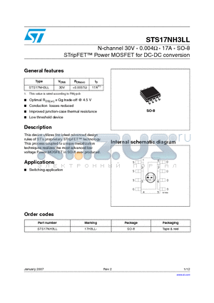 STS17NH3LL datasheet - N-channel 30V - 0.004ohm - 17A - SO-8 STripFET Power MOSFET for DC-DC conversion