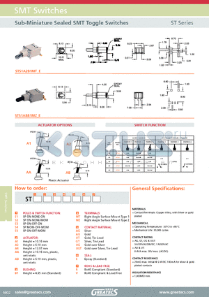 STS1A2B1MTAGEV datasheet - Sub-Miniature Sealed SMT Toggle Switches