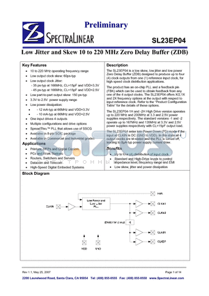 SL23EP04SI-2 datasheet - Low Jitter and Skew 10 to 220 MHz Zero Delay Buffer(ZDB)