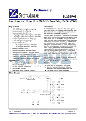 SL23EP08SI-1 datasheet - Low Jitter and Skew 10 to 220MHz Zero Delay Buffer (ZDB)