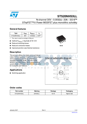 STS20NHS3LL_07 datasheet - N-channel 30V - 0.0032ohm - 20A - SO-8 STripFET III Power MOSFET plus monolithic schottky