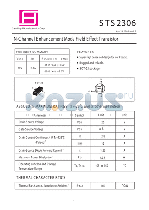 STS2306 datasheet - N-Channel E nhancement Mode Field Effect Transistor