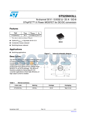 STS25NH3LL datasheet - N-channel 30 V - 0.0032 Y - 25 A - SO-8 STripFET III Power MOSFET for DC/DC conversion