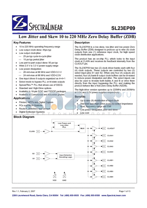 SL23EP09SI-1HT datasheet - Low Jitter and Skew 10 to 220MHz Zero Delay Buffer (ZDB)