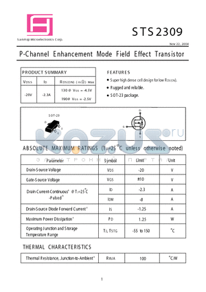 STS2309 datasheet - P-Channel E nhancement Mode Field Effect Transistor