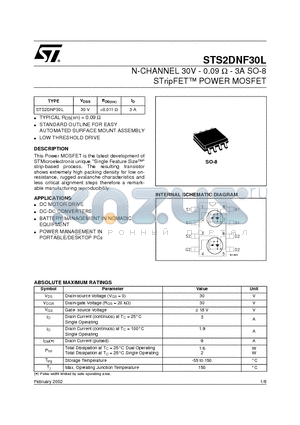 STS2DNF30L datasheet - Dual N-channel 30V - 0.09ohm - 3A SO-8 STripFET TM  Power MOSFET