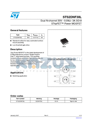 STS2DNF30L_07 datasheet - Dual N-channel 30V - 0.09ohm - 3A SO-8 STripFET TM  Power MOSFET