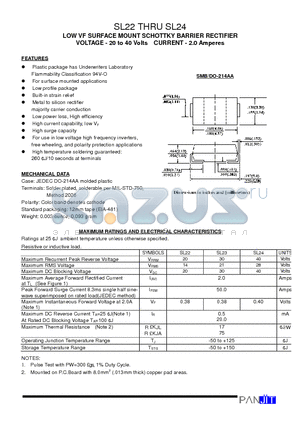 SL24 datasheet - LOW VF SURFACE MOUNT SCHOTTKY BARRIER RECTIFIER(VOLTAGE - 20 to 40 Volts CURRENT - 2.0 Amperes)