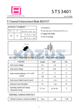 STS3401 datasheet - P-Channel E nhancement Mode MOSFET