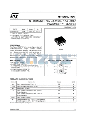 STS3DNF30L datasheet - N - CHANNEL 30V - 0.055ohm - 3.5A - SO-8 PowerMESH  MOSFET