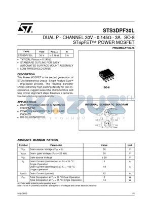 STS3DPF30L datasheet - DUAL P - CHANNEL 30V - 0.145ohm - 3A SO-8 STripFETO POWER MOSFET