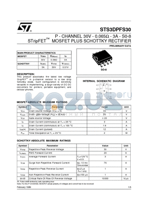 STS3DPFS30 datasheet - P - CHANNEL 30V - 0.065ohm - 3A - S0-8 STripFETO MOSFET PLUS SCHOTTKY RECTIFIER