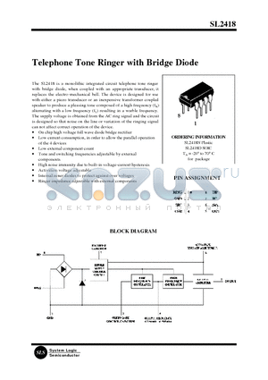 SL2418 datasheet - Telephone Tone Ringer with Bridge Diode